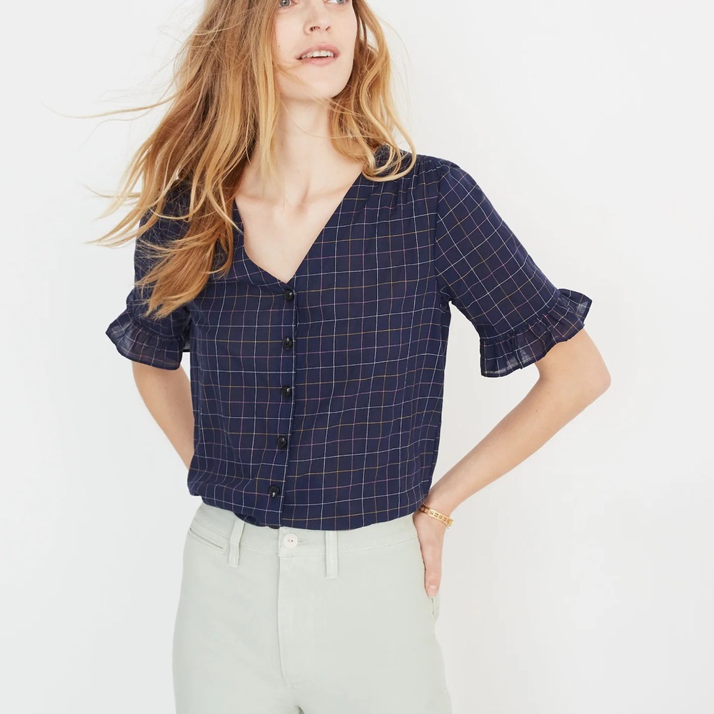 Madewell Village Ruffle Sleeve Windowpane Plaid Flutter Top Blouse XS